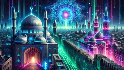 The primary subject of the image is a futuristic cityscape with a mix of traditional and modern architecture. The setting includes a skyline with a variety of buildings, including a mosque and a castle. The visual style is a combination of digital art and illustration, creating a vibrant and colorful atmosphere. The dominant colors are purple, green, and blue, which contribute to the futuristic and fantastical mood of the scene.
